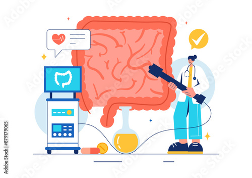 Vector Illustration of a Proctologist or Colonoscopy with a Doctor Examining the Colon and Showing Harmful Bacteria in a Flat Style Cartoon Background