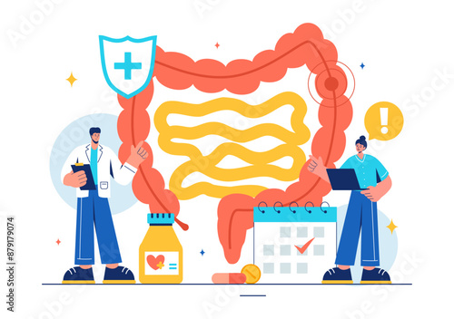 Vector Illustration of a Proctologist or Colonoscopy with a Doctor Examining the Colon and Showing Harmful Bacteria in a Flat Style Cartoon Background