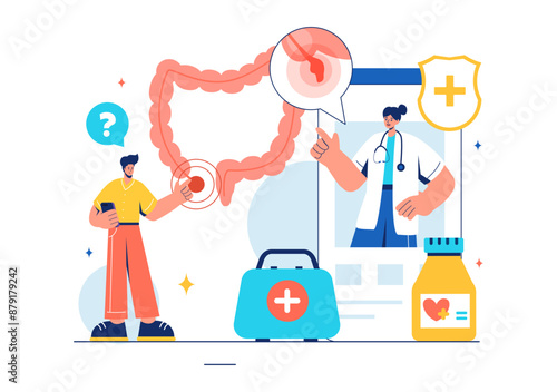 Vector Illustration of a Proctologist or Colonoscopy with a Doctor Examining the Colon and Showing Harmful Bacteria in a Flat Style Cartoon Background