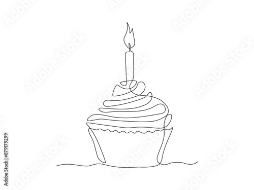 birthday cake, cupcake cake with candle. continuous single line art hand drawing sketch