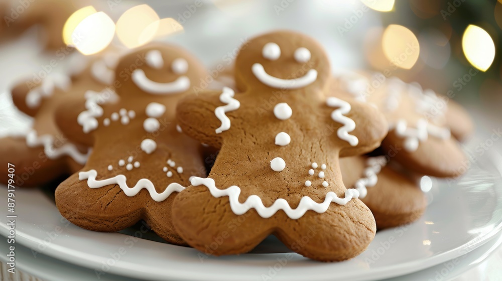 Close-up of smiling gingerbread cookies with white icing on a white plate, perfect for festive holiday scenes. Close-up of smiling gingerbread cookies with white icing on a white plate, perfect for festive holiday scenes.
