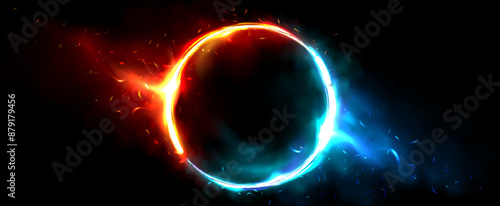 Red and blue neon glow ring with fire flame, particles and smoke on black background. Realistic 3d vector illustration of vs concept abstract frame with hot and cold burn. Fantasy fiery circle.
