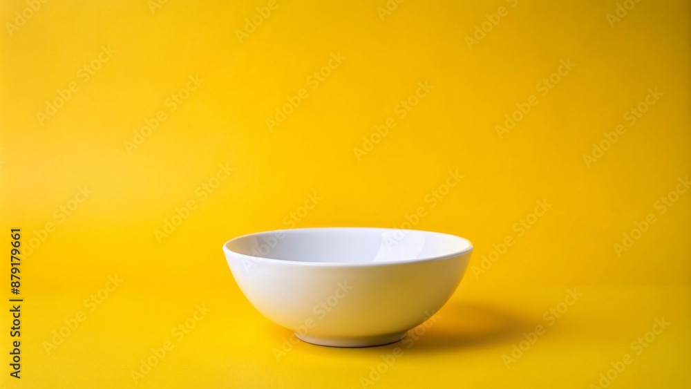 Minimalist composition featuring a pristine white ceramic bowl centered on a bright yellow background with clean lines and simplicity. Minimalist composition featuring a pristine white ceramic bowl centered on a bright yellow background with clean lines and simplicity.