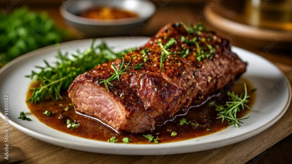 Deliciously grilled steak with herbs and sauce ready to be savored Deliciously grilled steak with herbs and sauce ready to be savored