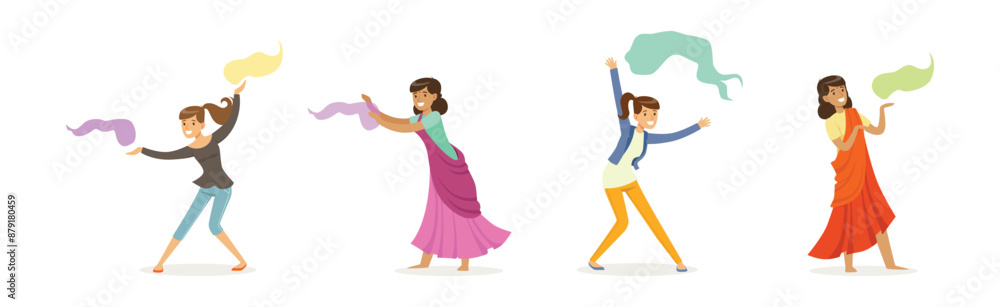 Indian People Characters Celebrating National Holiday of Spring and Colors Vector Set Indian People Characters Celebrating National Holiday of Spring and Colors Vector Set