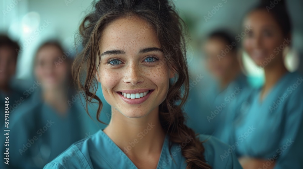Joyful young woman in teal scrubs smiles confidently with her supportive healthcare team in a hospital setting, embodying teamwork and compassion Joyful young woman in teal scrubs smiles confidently with her supportive healthcare team in a hospital setting, embodying teamwork and compassion