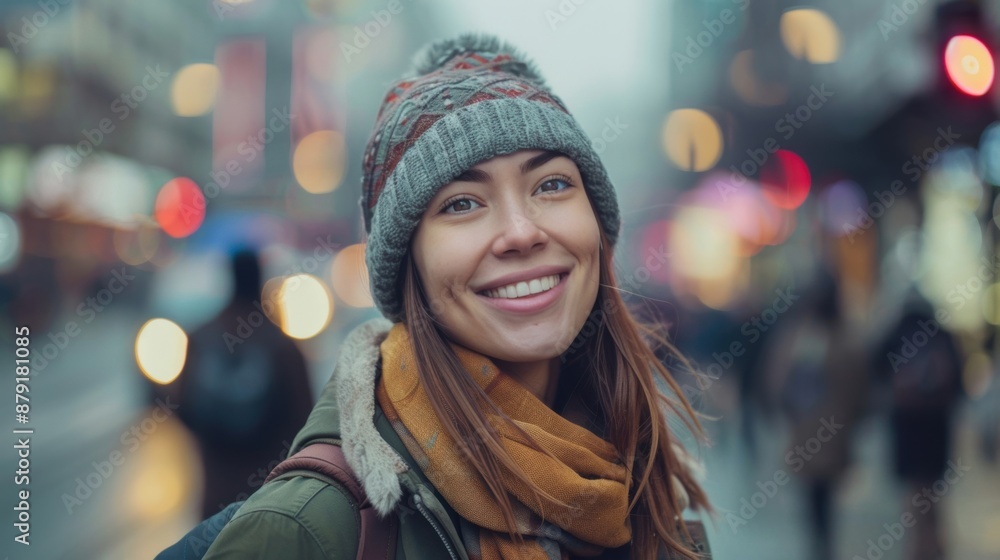 A smiling woman in a beanie and scarf enjoys a cold winter day on a busy city street with bokeh lights. A smiling woman in a beanie and scarf enjoys a cold winter day on a busy city street with bokeh lights.