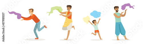 Indian People Characters Celebrating National Holiday of Spring and Colors Vector Set