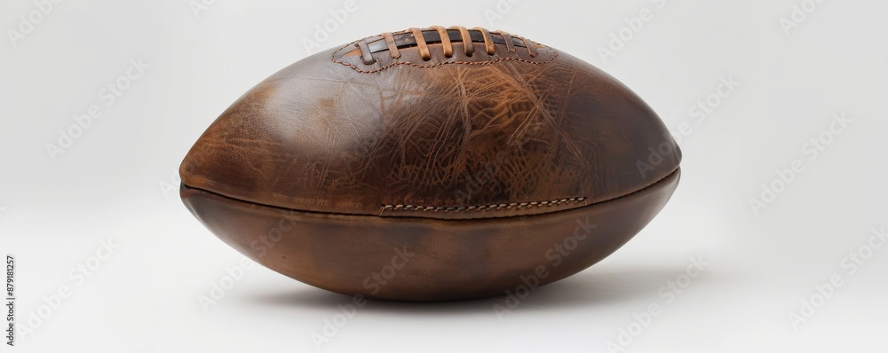 Old, scuffed leather rugby ball exuding history and nostalgia, perfect for sports enthusiasts and history buffs. Brown leather, stitches, and oval shape add charm Old, scuffed leather rugby ball exuding history and nostalgia, perfect for sports enthusiasts and history buffs. Brown leather, stitches, and oval shape add charm