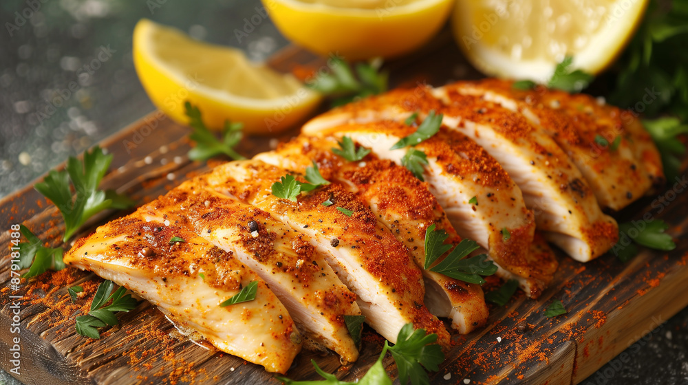Chicken fillet, sliced and whole, delicately seasoned with a mixture of spices and a juicy hint of lemon, presented on a wooden board. Chicken fillet, sliced and whole, delicately seasoned with a mixture of spices and a juicy hint of lemon, presented on a wooden board.