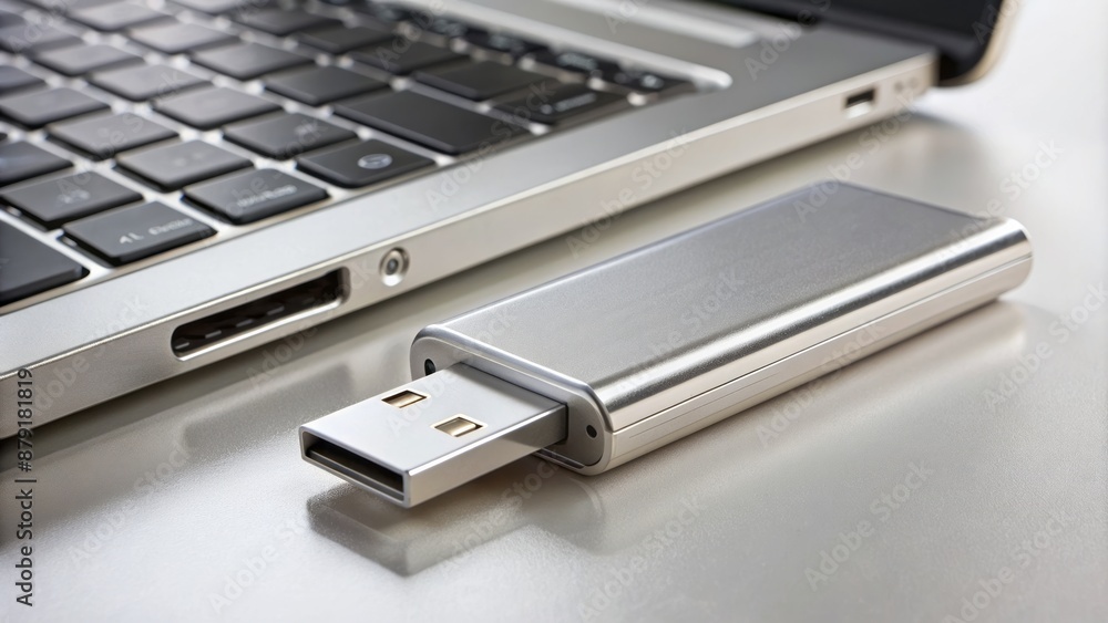 A modern, sleek, silver USB flash drive plugged into a laptop's port against a clean, white, minimalist background. A modern, sleek, silver USB flash drive plugged into a laptop's port against a clean, white, minimalist background.