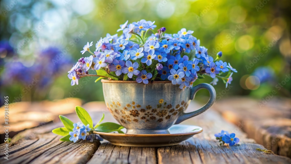Vibrant forget-me-not flowers arranged in a cup on a rustic table against a warm, pastel-colored wall, softly blurred background. Vibrant forget-me-not flowers arranged in a cup on a rustic table against a warm, pastel-colored wall, softly blurred background.