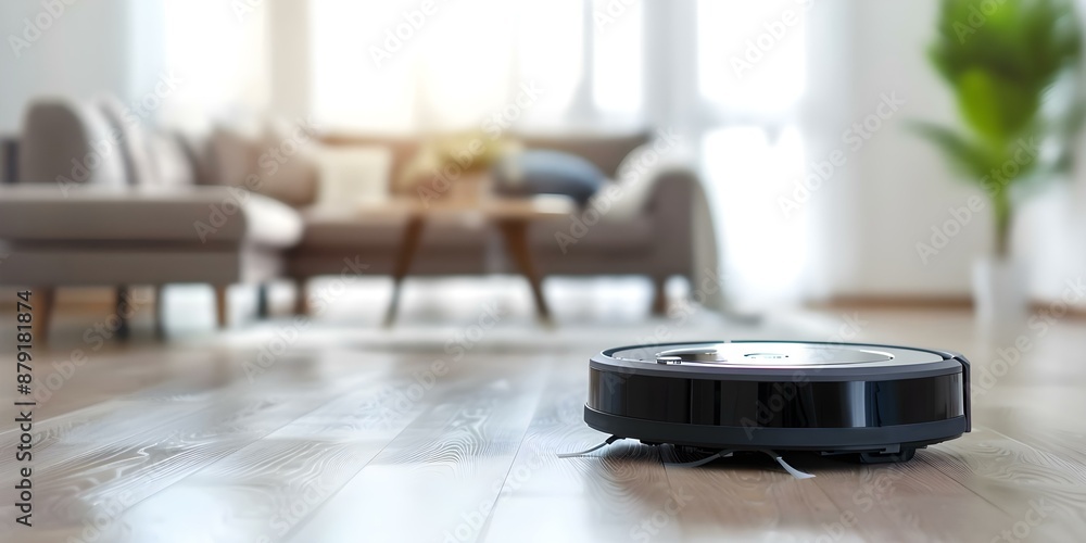 Detailed View of a Robotic Vacuum Cleaner on a Contemporary Living Room Floor. Concept Robotic Vacuum Cleaner, Contemporary Living Room, Floor Cleaning, Technology in Home, Interior Design Detailed View of a Robotic Vacuum Cleaner on a Contemporary Living Room Floor. Concept Robotic Vacuum Cleaner, Contemporary Living Room, Floor Cleaning, Technology in Home, Interior Design