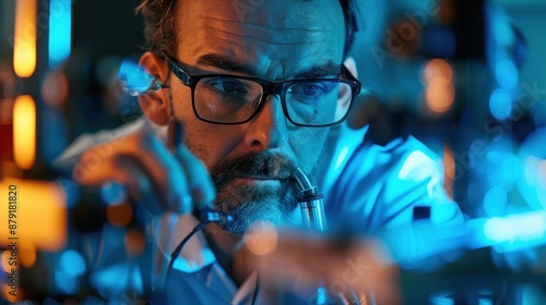 Focused Scientist in Glasses Conducting Research Using Advanced Optical Instruments in a High-Tech Laboratory,