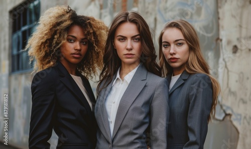 Three professional women in business suits stand together on a busy city sidewalk. It represents the concept of a strong business team. © wpw