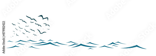 The seascape with a flock of birds.