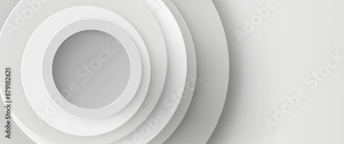 White circular cut paper layers background. Realistic 3d vector illustration bg of layered carton composition of rings, hole and shadow. Abstract gray geometric papercut minimal banner template.