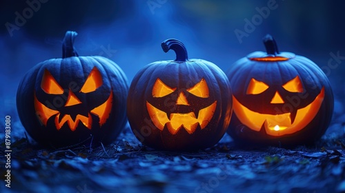 Three spooky jack-o'-lanterns glow brightly in a dark forest, creating a classic Halloween scene with eerie lighting.