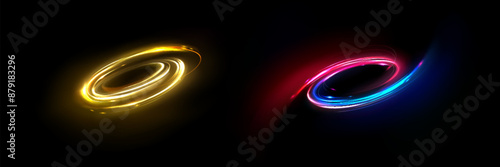 Abstract neon light swirls set isolated on black background. Vector realistic illustration of golden, blue, pink color vortex, magic energy speed effect, futuristic portal, shiny luminous trails