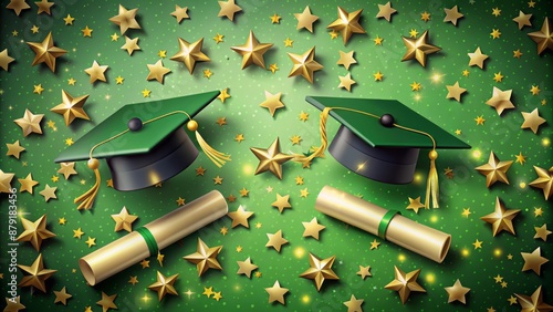 Vibrant green background scattered with gold stars, adorned with graduation caps and rolled diplomas, celebrating academic achievement and success.