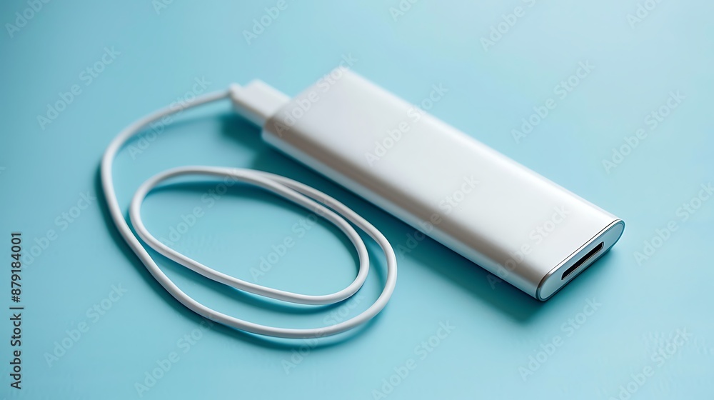 A tiny powerbank with a white plastic cord to charge the batteries of a cell or phone A tiny powerbank with a white plastic cord to charge the batteries of a cell or phone