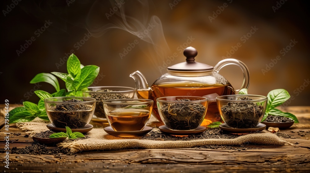 Steaming herbal tea in a glass teapot with cups and fresh mint leaves on a rustic wooden table, set against a warm background. Steaming herbal tea in a glass teapot with cups and fresh mint leaves on a rustic wooden table, set against a warm background.