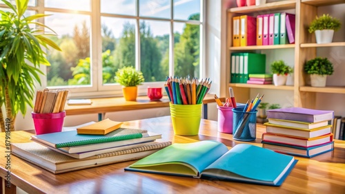 A vibrant collage of textbooks, notebooks, and pens surrounded by colorful papers and a wooden desk in a well-lit room.