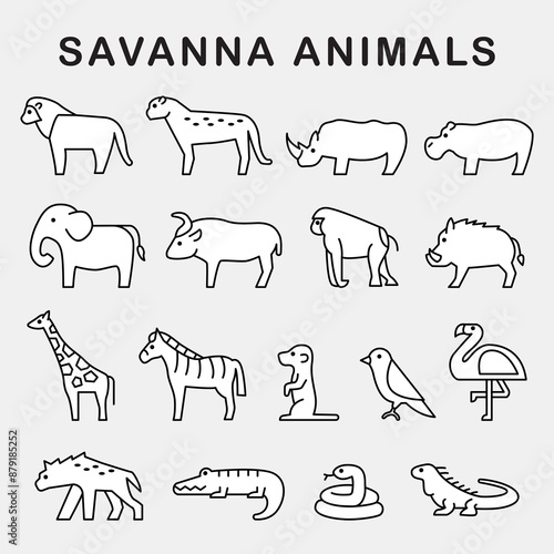 Icon set savanna animals wild Africa safari zoo modern simple thick line illustration bundle sign symbol minimalist