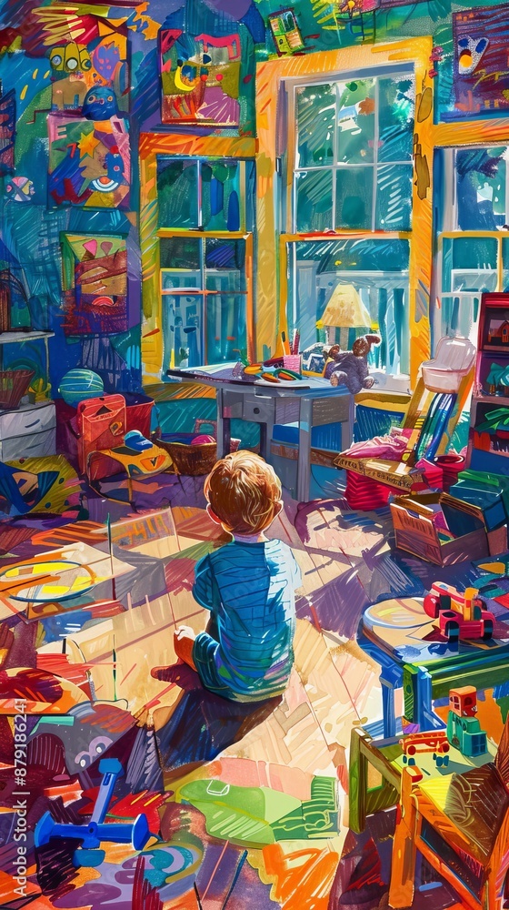 Fototapeta premium Boy sits in a colorful playroom, looking out the window on a sunny day, surrounded by toys and sunlight