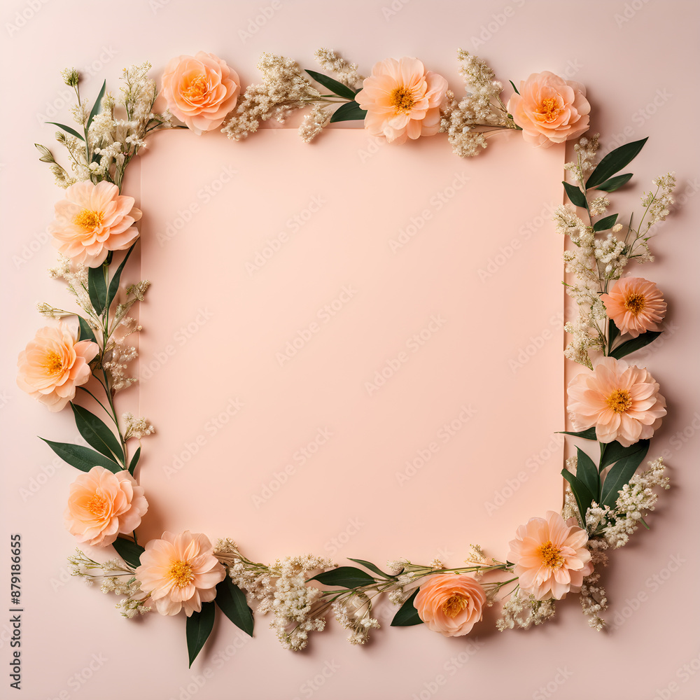 Flowers composition. Frame made of flowers on pastel pink background. Flat lay, top view, copy space Flowers composition. Frame made of flowers on pastel pink background. Flat lay, top view, copy space