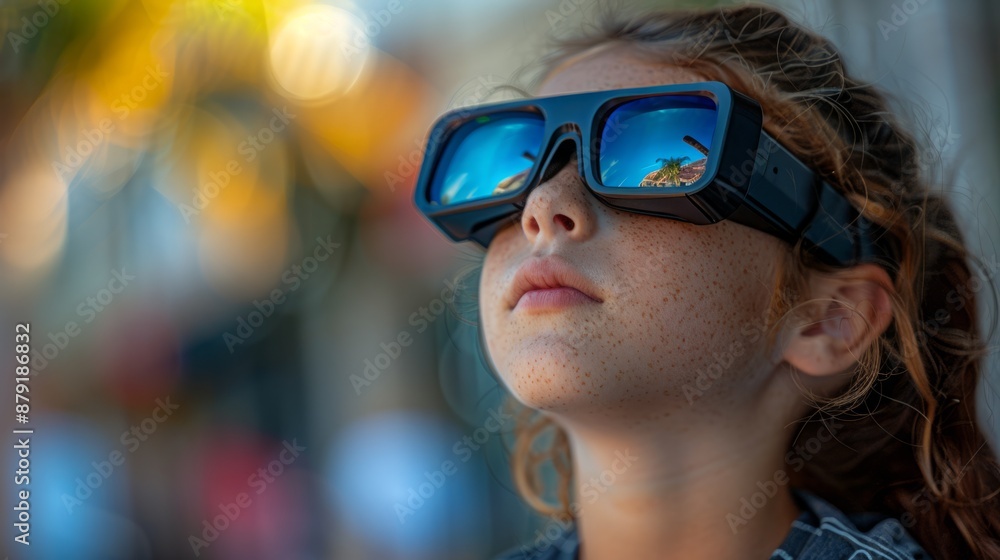 A young girl wearing blue-tinted sunglasses looks upwards, with a soft focus on the background behind her. A young girl wearing blue-tinted sunglasses looks upwards, with a soft focus on the background behind her.