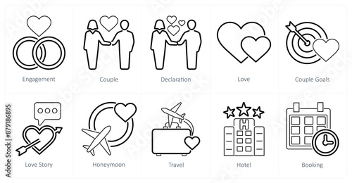 A set of 10 honeymoon icons as engagement, couple, declaration