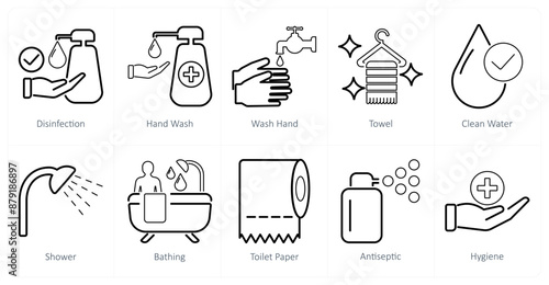 A set of 10 hygiene icons as disinfection, hand wash, wash hands