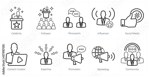 A set of 10 influencer icons as celebrity, follower, persuasion