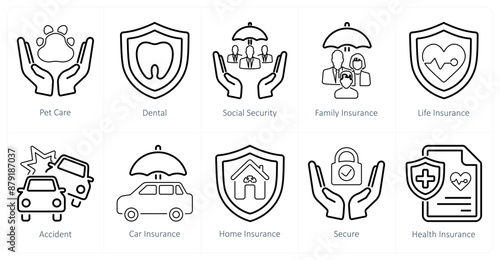 A set of 10 insurance icons as pet care, dental, social security