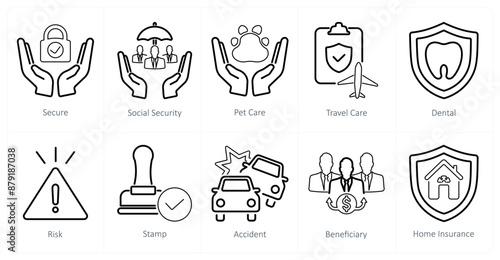 A set of 10 insurance icons as secure, social security, pet care