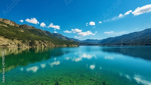 Tranquil mountain lake under a clear blue sky © vivekFx