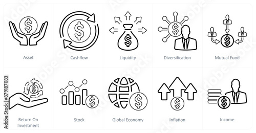 A set of 10 investment icons as asset, cash flow, liquidity