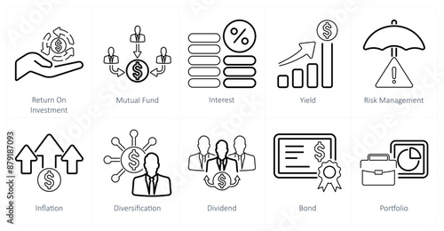 A set of 10 investment icons as return on investment, mutual fund, interest