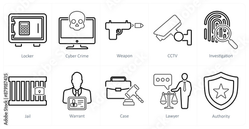 A set of 10 justice icons as locker, cyber crime, weapon