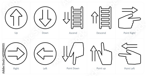 A set of 10 direction icons as up, down, ascend