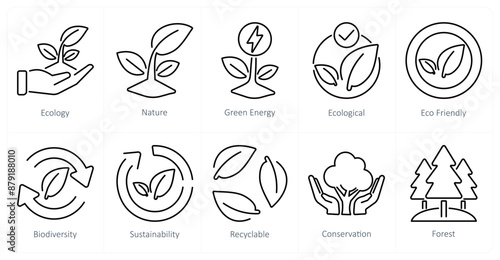 A set of 10 ecology icons as ecology, nature, green energy