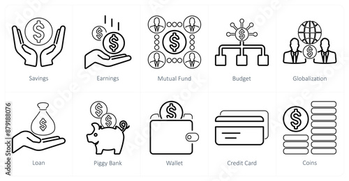 A set of 10 finance icons as savings, earnings, mutual funds
