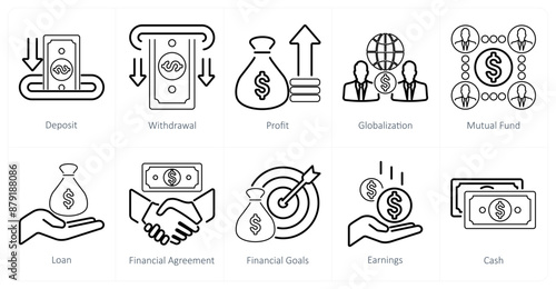 A set of 10 finance icons as deposit, withdrawal, profit