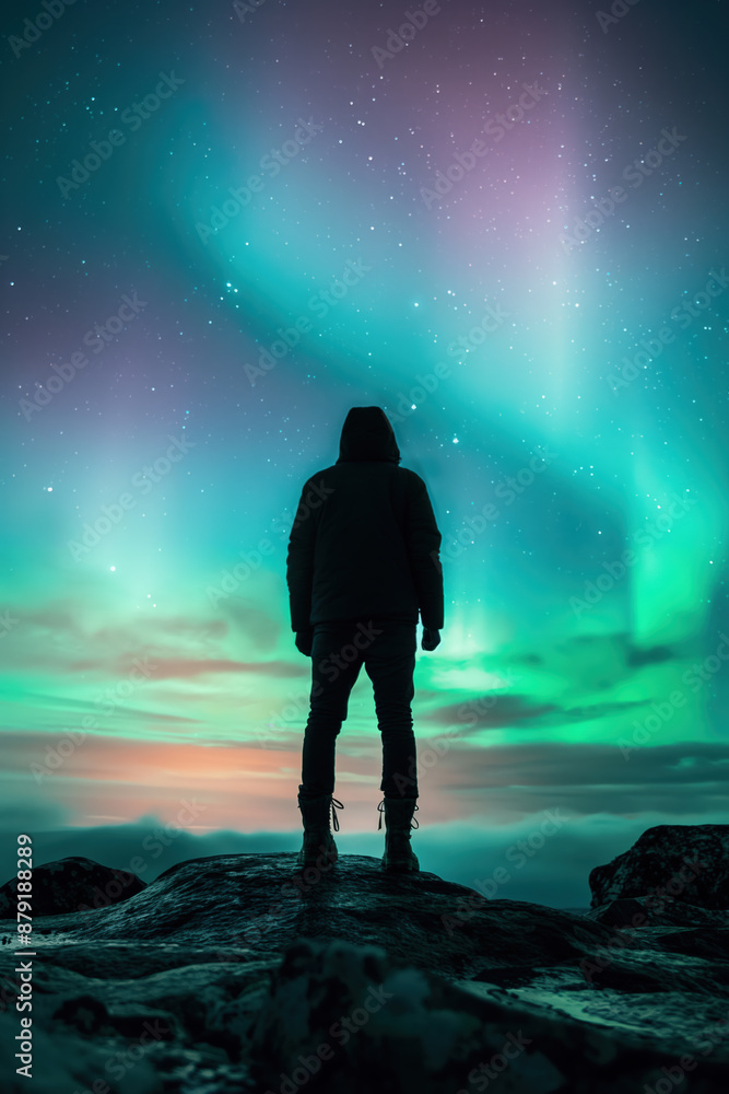 Fototapeta premium Hiker standing on mountain top admiring aurora borealis