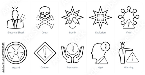 A set of 10 hazard danger icons as electrical shock, death, bomb