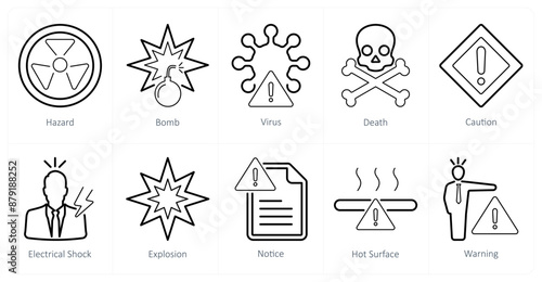 A set of 10 hazard danger icons as hazard, bomb, virus, death