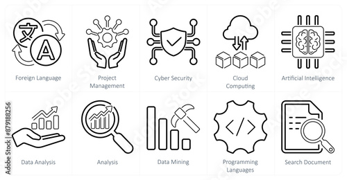 A set of 10 hard skills icons as foreign language, project management, cyber security