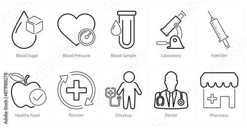 A set of 10 health checkup icons as blood sugar, blood pressure, blood sample