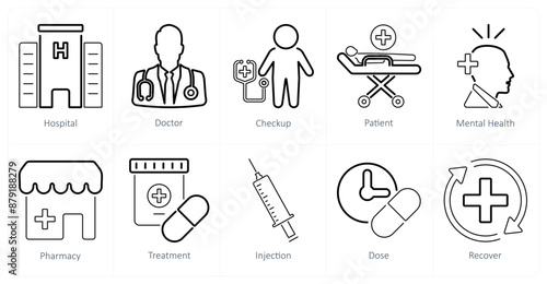 A set of 10 health checkup icons as hospital, doctor, checkup